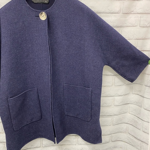 Zara Wool Blend Cape Coat Size L in Navy Blue Oversized - Picture 7 of 8
